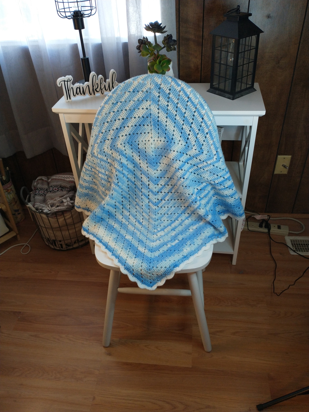 New Hand Crocheted Filet Crochet Baby Boy Blanket, Shower Gift, New Mom Gift